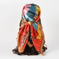 Floral satin silk headscarf in vibrant orange, blue, and yellow patterns for women - S209 Khaki