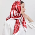 Satin silk scarf with red and white leaf patterns worn as a vintage headscarf style - S162 Red
