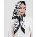 90cm satin square scarf featuring black and white abstract leaf prints worn as a headscarf - S162 Black