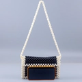 Handmade black and white beaded crossbody bag with flap and long shoulder strap - Black+White