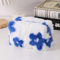 Detail of plush floral pencil case with soft texture and silver metal zipper pull - Blue Flower