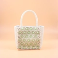 Handmade white pearl and green floral beaded handbag with a structured box shape - Light Green
