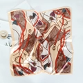 Detail of satin square scarf featuring vintage horse harness and paisley pattern print - Khaki Gold