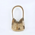 Golden sequin chainmail shoulder bag with metallic disc link design and U-shaped frame - Rose Gold
