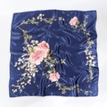 Navy blue satin silk scarf with pink floral peony print in a 90cm square layout - 18# Navy Blue Flower