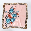 Detailed view of satin square scarf featuring pink base with rose and leopard print - 1# Light Pink