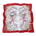 Sciarpa quadrata in seta da 90cm con bordo rosso e stampa floreale su fondo bianco - Bordo Rosso Fiori Simmetrici (4# Bordo Rosso)