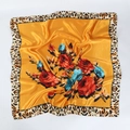 90cm satin square scarf with leopard print border and red rose floral pattern - 2# Gold