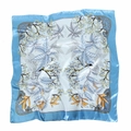 Elegante foulard quadrato di seta 90cm con stampe floreali blu su fondo in raso bianco - Bordo Celeste Stampa Foglie (3# Bordo Blu)