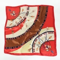 Elegant 90cm floral print silk scarf featuring red and brown geometric patterns - Red Brown Beige Mix