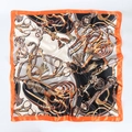 Detailed macro shot of vintage horse harness print on satin square scarf with orange border - 90x90cm / 1# Orange Yellow