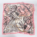 Detailed pattern of pink satin silk scarf with vintage equestrian bit and buckle motifs - 90x90cm / 4# Pink
