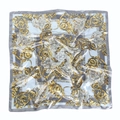 Close-up of vintage baroque pattern on blue square silk scarf with gold floral details - 90x90cm / Silver Grey