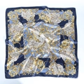 Vintage Baroque 90x90cm square silk scarf with golden scroll patterns on blue satin - 90x90cm / Navy Blue