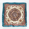 Detail of 90cm square satin scarf featuring vintage gold chain and leather belt print - Teal Border Chain (Recommended)
