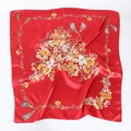 Red 90cm square satin silk scarf featuring vintage floral print and fringe patterns - 90x90cm / Red