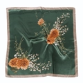 Detailed view of dark green satin scarf featuring vibrant orange floral rose print patterns - 90x90cm / 3# Dark Green Floral