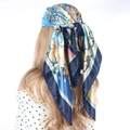 Bohemian royal blue satin scarf with vibrant floral and paisley prints in 90x90cm size - Blue