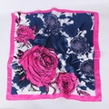 Foulard quadrato in seta satinata da 90 cm con stampa rosa blu e rosa, scialle elegante - Blu Navy Rosa Rosa (2#Navy)
