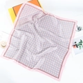 Detail view of 70cm silk scarf with geometric square prints and smooth pink border - Pink and Grey Geometric (4# Light Pink)
