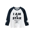 Kids long sleeve raglan T-shirt featuring I AM A STAR print and star elbow patches - 90cm / Cream White/Navy Blue