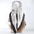 Silk texture square headscarf featuring classic black and white geometric line patterns - Diamond White