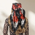 90cm black silk headscarf with large red flower paisley print and white lace edges - Camellia - Black