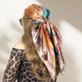 90cm tropical floral silk satin headscarf in orange and blue with a retro style - Rainforest-Dusty Pink