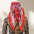 90cm red silk scarf with purple floral and paisley patterns worn as a headscarf - Camellia-Red
