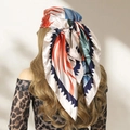 90cm silk-feel square scarf with colorful floral print worn on head for women - Rainforest-Off White
