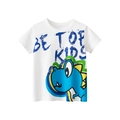 Kids cotton short sleeve T-shirt featuring blue cartoon dinosaur print on white fabric - 90cm / White