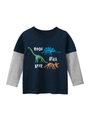 Lange mouwen T-shirt voor jongens met dinosaurusprint en contrastmouwen - 90cm / Marineblauw