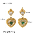 Titanium steel heart drop earrings with emerald zircon in 18K gold plated finish - Double Heart Green Gemstone Style (NB-E1032)
