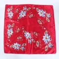 Square silk-feel scarf in vibrant red with blue lotus flowers and elegant satin finish - Red with Blue Lotus
