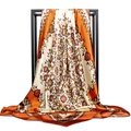 Elegant 90cm satin silk scarf with vintage floral prints in orange and cream white - Yellow