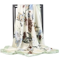 Close-up of ink painting flower print silk scarf with delicate hand-rolled green edges - Light Green Border
