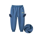 Kids warm blue fleece sweatpants with Tiny Wings embroidery and decorative side wings - Military Blue / 90cm