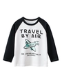 Kinder t-shirt met lange raglanmouwen met vliegtuigprint en tekst travel - 110cm / Off-White/Zwart