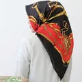 Satin silk square scarf featuring vintage equestrian harness print and horse chain motifs - One Size / Red & Black Horsebit Chain Style (#3)