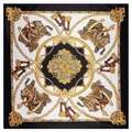 Detailed pattern of the 90cm satin square scarf featuring vintage horse chain prints - Black White Gold Classic Baroque Equestrian Style