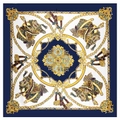 Elegant 90x90cm satin silk square scarf with royal equestrian saddle and chain prints - Classic Royal Equestrian Chain Navy Style