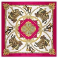 Luxury 90cm satin square scarf with magenta equestrian carriage and chain print - Gorgeous Baroque Equestrian Red Style