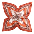 Detailed close-up of 90cm floral satin scarf with intricate vintage royal patterns - Orange Red