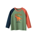 Katoenen jongens T-shirt met lange mouwen, groene dinosaurus en raglanmouwen - Bijvoet Groen / 90cm