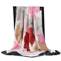Elegant 90x90cm satin silk square scarf featuring vibrant abstract leaf prints and black borders - Red and Pink Abstract Leaf (#4 Black Border)