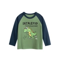 Maglia manica lunga bambino con dinosauro e maniche raglan blu navy e verde - 90cm / Verde Smeraldo/Blu Reale