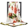 Floral ink painting silk scarf in cream with orange blooms and dark green borders - Grass Green Edge