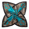 Teal leopard print silk-satin scarf with golden baroque chain patterns and black border - 90x90cm / Lake Blue