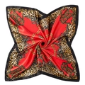 Detail of red satin square scarf with leopard print and golden baroque chain patterns - 90x90cm / Red