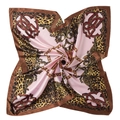 Pink silk scarf with leopard print and golden chain pattern on white background - 90x90cm / Beige
